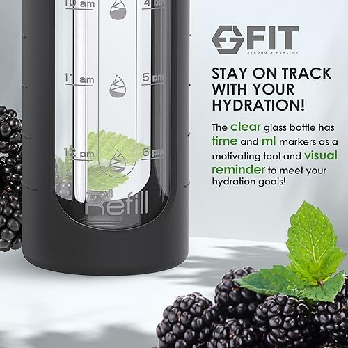 32 oz Glass Water Bottle with Straw Lid - Wide Mouth Borosilicate Glass Water Bottles with Time Marker, Silicone Sleeve & Extra Lid - 1L Large Motivational Drinking Bottle