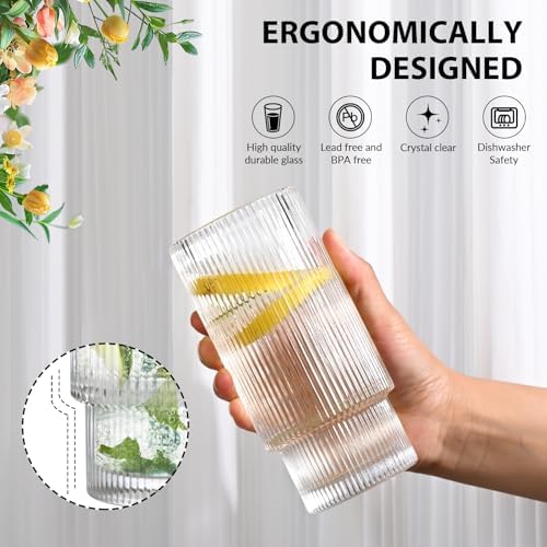 16OZ Ribbed Glass Cups with Lids and Straws,Iced Coffee Cups with Bamboo Lid,Vintage Glassware for Whiskey Cocktail Beer Fruit Juice Glasses Tumbler(2 Pack)