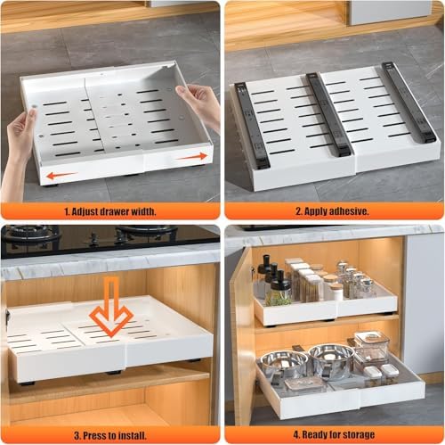 4 Pack Pull Out Cabinet Organizer Expandable, Adhesive with Nano Film, Pull Out Drawers for Cabinets in Kitchen, Pantry or Bathroom (White, 21“DEEPX[12"-20'']Width-4PACK)