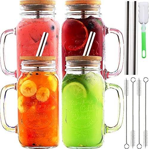 4 Pack 24 OZ Mason Jar Cups with Handle,Reusable Mason Jar Drinking Glasses,Mason Jars Mugs with Bamboo Lids and Stainless Steel Straws,Regular Mouth Glass for Iced Coffee Large Pearl Juices