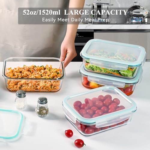 4 Pack 52 oz Large Glass Food Storage Containers with Lids - Glass Meal Prep Containers For Baking, Storing, Airtight Lunch Container, Freezer, Dishwasher, Microwave and Oven Safe, BPA Free