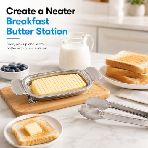 Butter Slicer Cutter with Serving Tongs, 304 Stainless Steel Butter and Cheese Cutter Wire Slicer Kitchen Gadget for Block Butter, Soft Cheese, Toast, Pancakes, Breakfast, Baking and Serving - Image 6