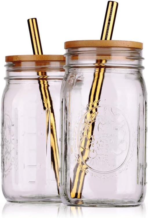 Reusable Boba Bubble Tea & Smoothie Cups - 2 Glass Wide Mouth 32oz Mason Jars with Bamboo Lids - 2 Reusable Gold Stainless Steel Boba Straws