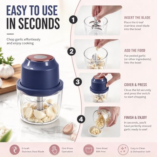 350ML Electric Garlic Meat Grinder, Wireless USB Rechargeable Food Chopper, 6-Blade High-Speed Chopper, Mini Convenient Kitchen Mixer for Garlic and Meat (Blue) - Image 6