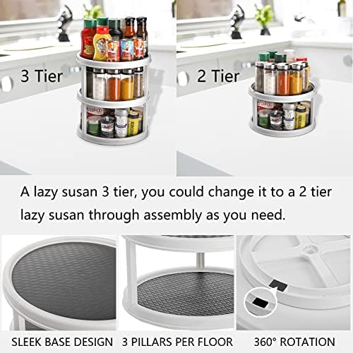 3 Tier Lazy Susan Turntable - 12'' Round Tiered Rotating Kitchen Spice Organizer and Non-Skid Organization Storage Container - Tiered Tray for Fruit, Snacks, Cosmetic, Pantry, Bathroom(Grey)