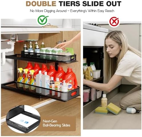 2-Pack 21.3 IN Depth Under Sink Organizer With Next-Gen Ball-Bearing Slides,Sophisticated Mesh 2-Tier Pull Out Shelf for Kitchen & Bathroom,Fits Small Items-Black