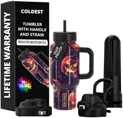 Coldest Tumbler with Handle & Coffee Lid - 100% Spill Proof Tumbler (3 Lids) - Stainless Steel Insulated Leakproof Tumblers for Women & Men - Cup Holder Friendly - 24 oz (Pumpkin Patch) by Coldest