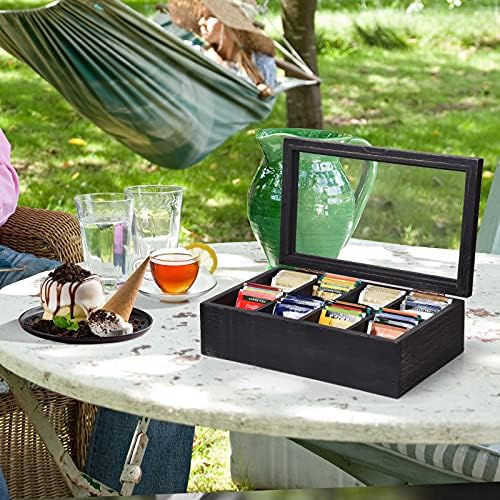 Wooden Tea Box with Lid & 8-Compartment, Weathered Black