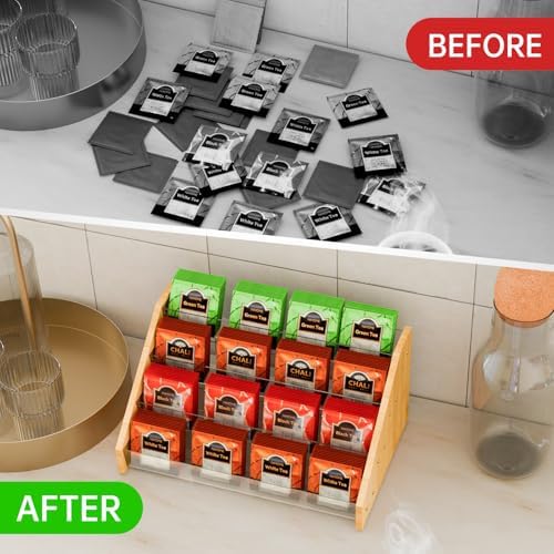 4 Layer Tea Bag Organizer, Bamboo & Plastic Tea Storage Holder
