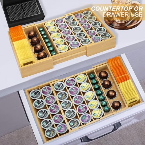 Bamboo K Cup Holder for Drawer or Countertop Coffee Pod Holder Expandable K Cup Pod Storage Tea bag organizer K Cup Storage for Coffee Station Home Office and Kitchen, Natural