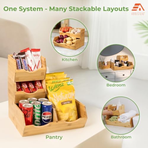 Large Bamboo Pantry Storage Bins – 30% Larger, Stackable Potato Onion Storage Bin, Pantry Organizers and Storage, Produce Vegetable Organizer, Set of 4