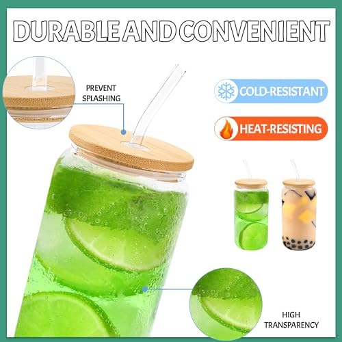 12Pcs Glass Cups with Bamboo Lids and Straws Bulk 16 oz Can Shaped