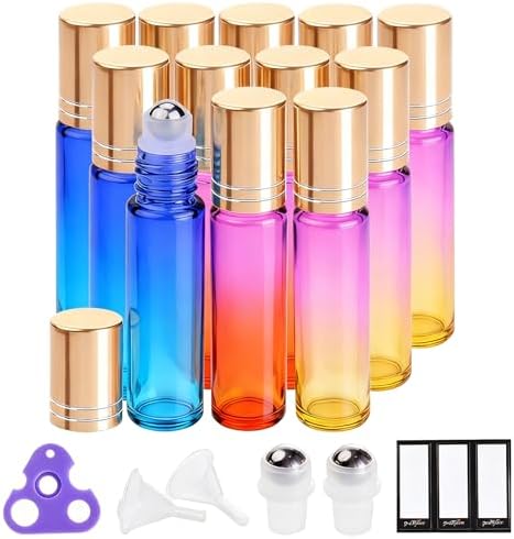 PrettyCare 12 Pack, 10 ml Essential Oil Roller Bottles with Stainless Steel Roller Ball - Refillable Leak-proof Empty Thick Rainbow Glass Roll on Bottles with Metal Caps for Travel, Perfume by PrettyCare
