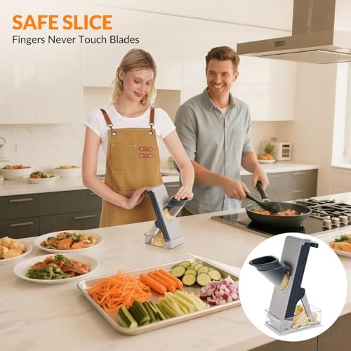 Safe Mandoline Slicer for Kitchen, Adjustable 0.5–8 mm, Stainless-Steel Blades, Anti-Slip, Dishwasher-Safe Handheld Mandoline Slicer, Compact Mandoline Food Slicer