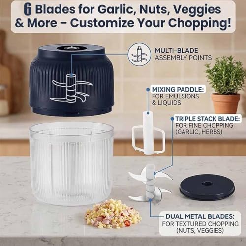 Household Electric Garlic Crusher, 400ml Mini Electric Food Chopper, Portable Mini Food Processor with 6 Blades, Wireless Electric Garlic Chopper for Ginger, Chili, Fruit, Meat, etc (3 Blades Blue) - Image 3