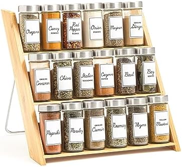 18 Jar Bamboo Compact Spice Rack with Spices Included & 5-Year Free Spice Refill Program for Countertop or Kitchen Drawer with Glass Jars