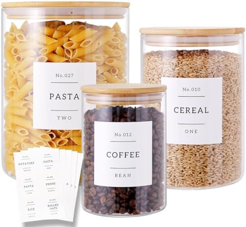 3 Pcs Glass Canisters with Airtight Bamboo Lids and 42 Kitchen Pantry Labels Preprinted - Clear Glass Flour and Sugar Storage Container Set - Large Glass Jars with Wood Lids(100 OZ/54 OZ/27 OZ)