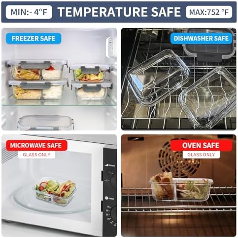Glass Meal Prep Containers with Lids, 2 & 3 Compartment Lunch Containers