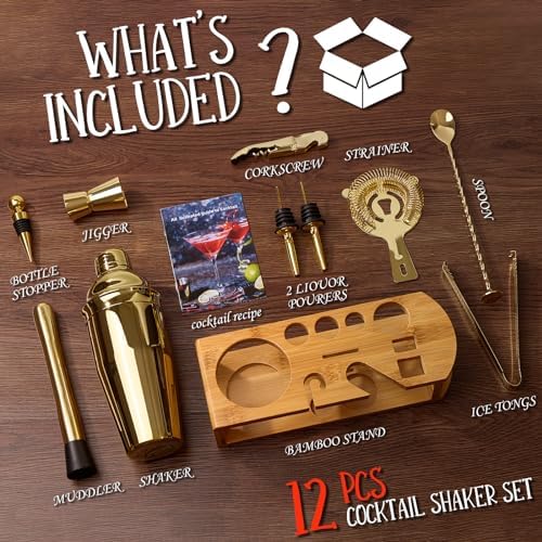 Cocktail Shaker Set Bartender Kit, 12-Pcs Bar Tool with Bamboo Stand