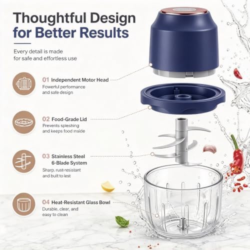 350ML Electric Garlic Meat Grinder, Wireless USB Rechargeable Food Chopper, 6-Blade High-Speed Chopper, Mini Convenient Kitchen Mixer for Garlic and Meat (Blue) - Image 5