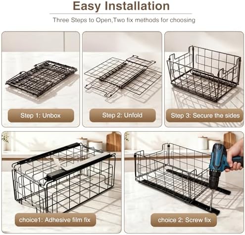 Pull Out Cabinet Sliding Basket Organizer, No Drill, White-2 Pack
