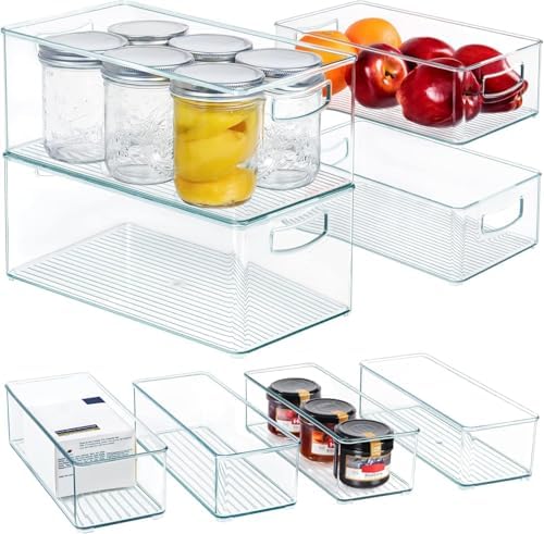 8 PACK Stackable Pantry Organizer Bins (3 Size) - Clear Fridge Organizer for Kitchen, Freezer, Refrigerator, Cabinet - Plastic Storage Container with Handle for Home