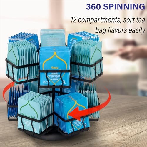 Tea Bag Organizer - Spinning Carousel Holder With 12 Compartments, Up to 140 Tea Bags Storage, Black Powder Coated Stainless Steel