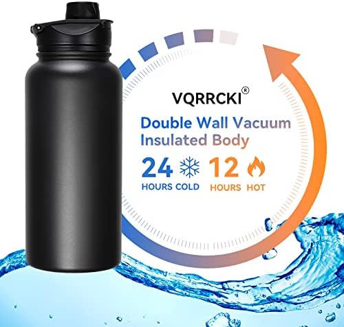 32 oz Insulated Water Bottle Bulk 8 Pack, Stainless Steel Sports Water Bottles with Straw Lid & Wide Mouth Lids, Double Walled Vacuum, Leak Proof, Black
