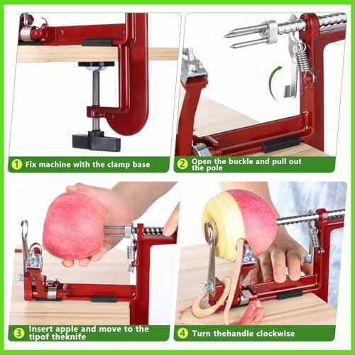 Apple Peeler Corer, Long lasting Chrome Cast Magnesium Alloy Apple Peeler Slicer Corer with Stainless Steel Blades and Powerful Clamp Base for Apples and Potato(Deep Red)