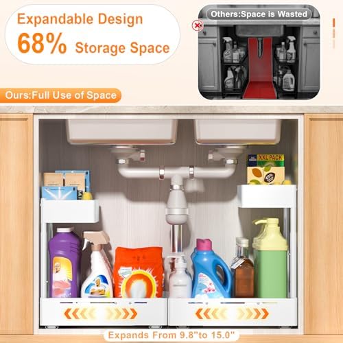 2 Pack Expandable Under Sink Organizer, 2 Tier Pull Out Cabinet Organizer with Smooth Ball Bearing Slides, Adjustable Height Cabinet Storage Shelves for Kitchen, Bathroom, Laundry, Pantry