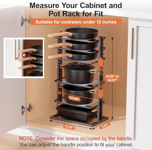 Pots and Pans Organizer for under Cabinet, 6-Tier Heavy Duty Pan Pot Organizers inside Cabinet Adjustable 14 to 24.57", Pot Rack Kitchen Cabinet Organization and Storage Holds up to 12" Cookware