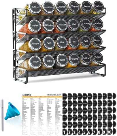 Spice Rack Organizer with 24 Spice Jars, 386 Spice Labels, Chalk Marker and Funnel Set for Cabinet, Countertop, Pantry, Cupboard or Door & Wall Mount -24 Jars, 11.8" W × 10.8" H, Black