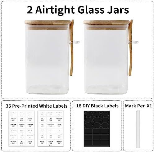 Flour and Sugar Containers - 34 oz Glass Jar with Bamboo Lid and Spoon, Sugar Holder and Canister for Countertop, Glass Containers for Coffee Beans, Tea, Flour, Nuts, Candy and Cookie (Set of 2)