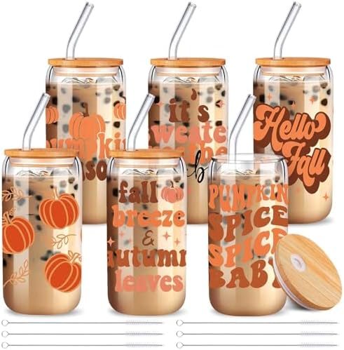 6 Pcs Fall Glass Cups, 16 oz with Lids and Straws