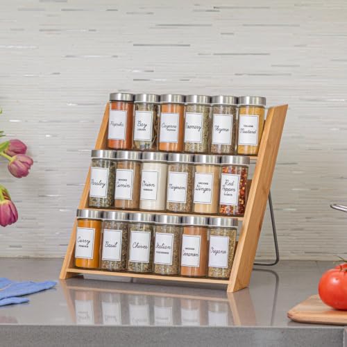 18 Jar Bamboo Compact Spice Rack with Spices Included & 5-Year Free Spice Refill Program for Countertop or Kitchen Drawer with Glass Jars
