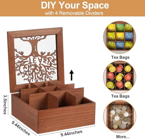 Wood Tea Box Organizer,Tea Organizer and Storage with Tree Pattern