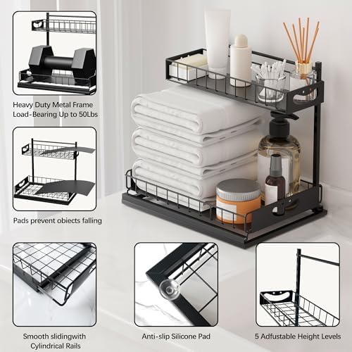 Under Sink Organizer with Pull-Out Drawers,Kitchen Sink Organizer,2 Tier Bathroom Organizers And Storage,Bathroom Accessories Set,Black 2 Pack