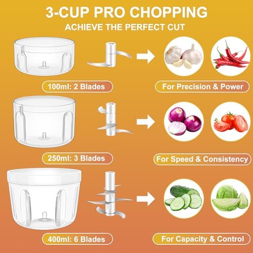 100+250+400ML Electric Garlic Chopper, 6 Blades Garlic Mincer - Image 2