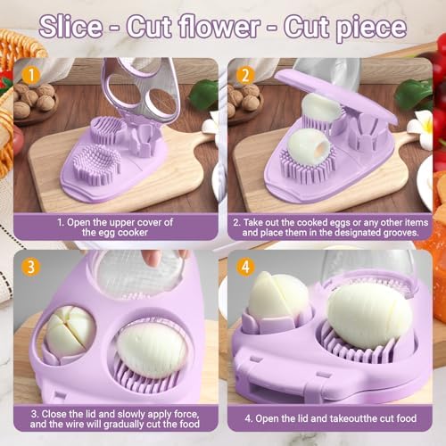 3 Slice Modes Egg Slicer for Hard Boiled Eggs, Stainless Steel Egg Cutter, 3-in-1 Kitchen Chopper Tool, Purple - Image 3