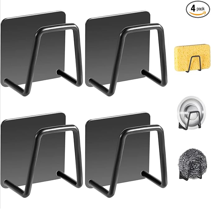 LYART 4Pcs Premium Sink Sponge Holder for Kitchen Sink Caddy Brush - SUS304 Stainless Steel Waterproof Rustproof Quick Drying Strong Self Adhesive (2. Black X 4Pcs)