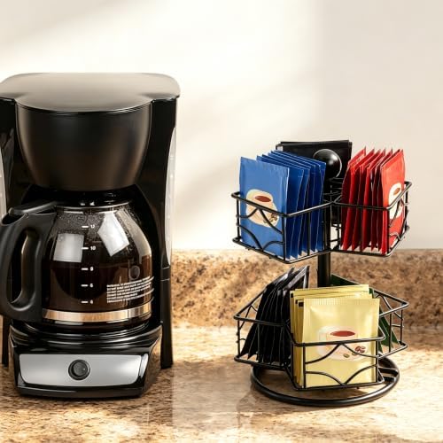 Tea Bag Organizer, 360 Degree Tea Bag Spining Carousel Organizer with 6 Compartments, Lazy Susan Sugar Coffee Creamer Caddy for Kitchen Counter Cabinet Organizer, Up to 60 Tea Bags Storage