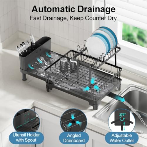 Large Expandable 2 Tier Dish Drying Rack for Kitchen Counter, Black
