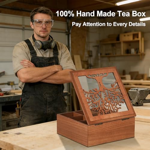 Wood Tea Box Organizer,Tea Organizer and Storage with Tree Pattern