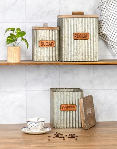 Set of 3 Pre-Labeled Sugar, Coffee & Flour Distressed Metal Storage Canister Jars with Wooden Lids