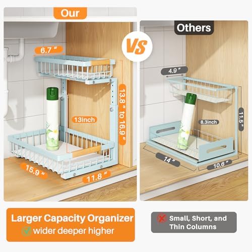 Under Sink Organizer, Adjustable Height, 2 Tier Pull Out Under Cabinet Organizer, Slide Out Thickened Metal Under Sink Storage for Kitchen Bathroom Laundry Pantry Cabinet, Blue, Large-2-Pack