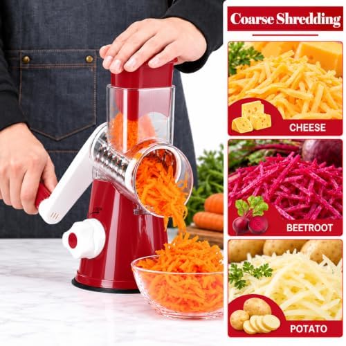 Rotary Cheese Grater Hand Crank, Cheese Shredder with Interchangeable Stainless Steel Blades, Vegetable Slicer with Strong Suction Base, Food Grater for Cheese, Potato, Carrot