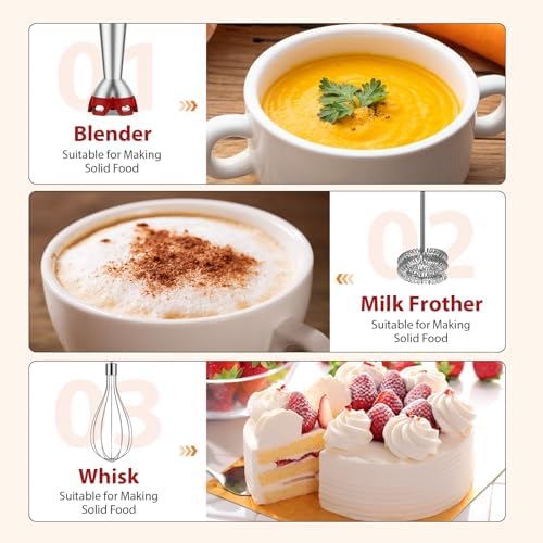 KOIOS Immersion Blender, 1000W Anti-scratch 3-in-1 Hand Blender, Upgraded 12 Speed Stainless Steel Blade Stick Blender with Turbo Mode, Whisk and Milk Frother, Non-BPA, Red - Image 6