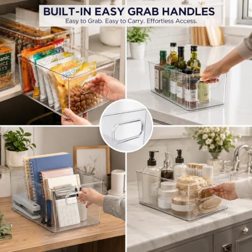 Set of 5 Stackable Fridge Organizers and Storage Bins, 2 Small, 2 Medium & 1 Large Clear Plastic Pantry Organizer Bins with Handles, BPA-Free PET Food Storage Boxes for Kitchen, Freezer & Cabinet