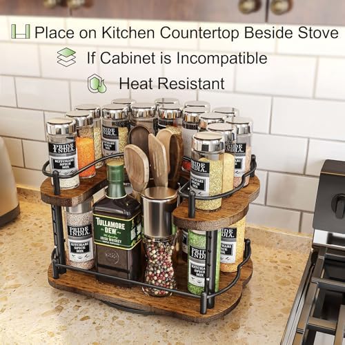 Lazy Susan Spice Rack Organizer for Cabinet, Wood, Vintage, 12 in