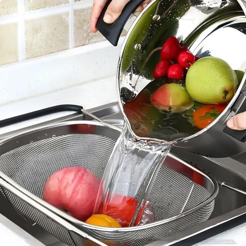 Over The Sink Colander, Stainless Steel Fine Mesh Expandable Colander, Sink Colander for Kitchen, 6-Quart Expandable Strainer Over The Sink for Straining, Draining, Rinsing Fruits And Vegetables